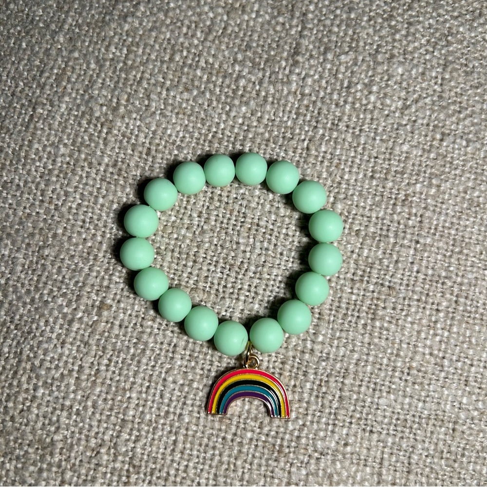 Mint Green Beaded Bracelet with Rainbow Charm